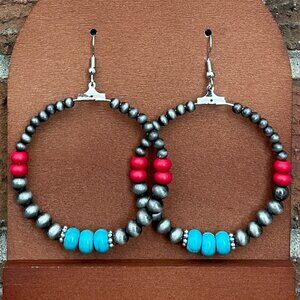 Navajo Style Pearl Hoop Drop Earrings with Faux Turquoise and Red